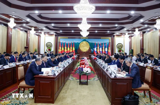 Tổng Bí thư Tô Lâm và Tổng Bí thư, Chủ tịch nước Lào Thongloun Sisoulith hội đàm. Ảnh: TTXVN