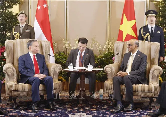 Tổng Bí thư, Chủ tịch nước Tô Lâm hội đàm với Tổng thống Singapore Tharman Shanmugaratnam. Ảnh: TTXVN