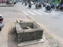 Nhiều bồn hoa quảng cáo chiếm vỉa hè.