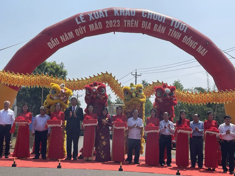 Các đại biểu cắt băng chúc mừng chuyến hàng chuối tươi xuất khẩu đầu năm