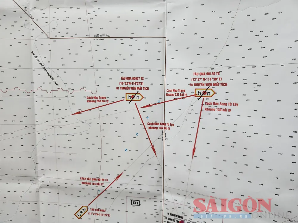 Hải đồ chỉ vị trí khu vực 2 tàu gặp nạn trên vùng biển Trường Sa