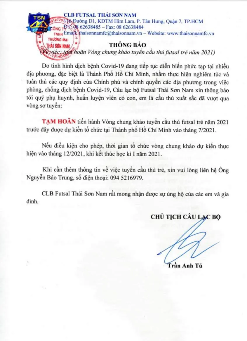 Thái Sơn Nam hoãn vòng chung kết tuyển sinh đến tháng 12 ảnh 1