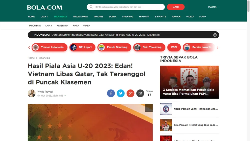 Trang tin thể thao nổi tiếng Bola của Indonesia ấn tượng về chiến thắng của U20 Việt Nam trước U20 Qatar