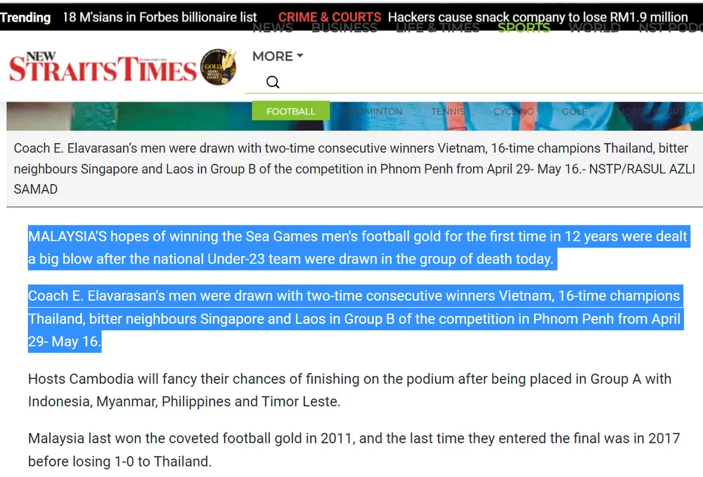 Nhật báo New Straits Times bi quan khi U22 Malaysia nằm vào bảng "tử thần". Nhật báo New Straits Times bi quan khi U22 Malaysia nằm vào bảng "tử thần".