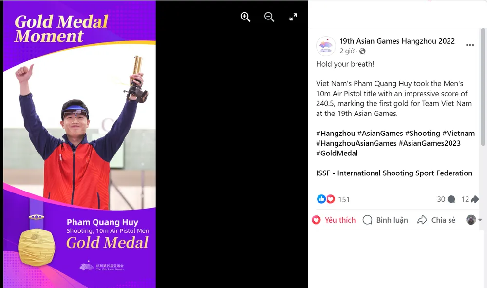 Ban tổ chức ASIAD 19 gửi lời chúc mừng đến thành tích của xạ thủ Quang Huy cùng đoàn thể thao Việt Nam.