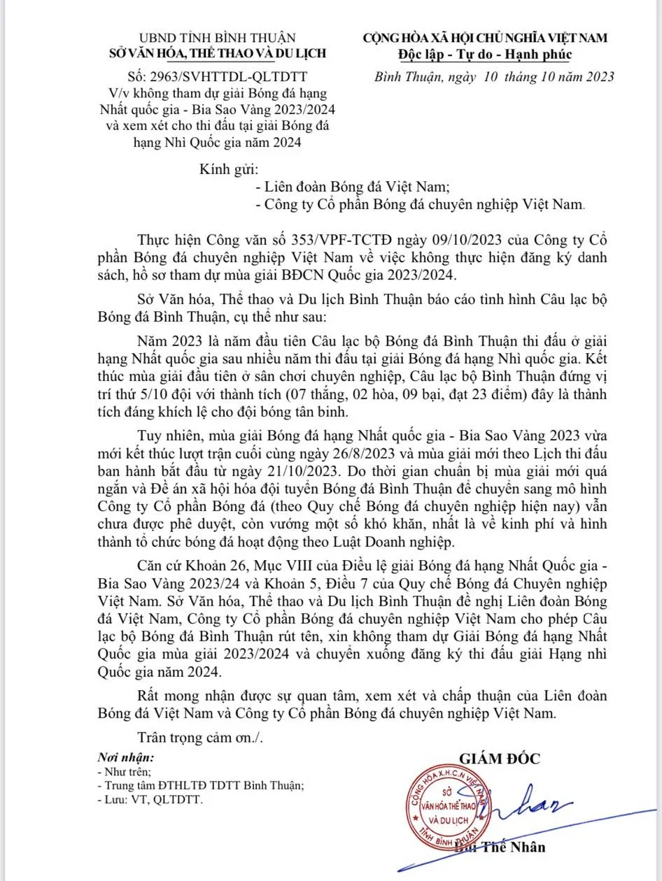 Công văn Sở Văn hóa - Thể thao và Du lịch tỉnh Bình Thuận gửi đến VFF và VPF vào chiều 10-10.