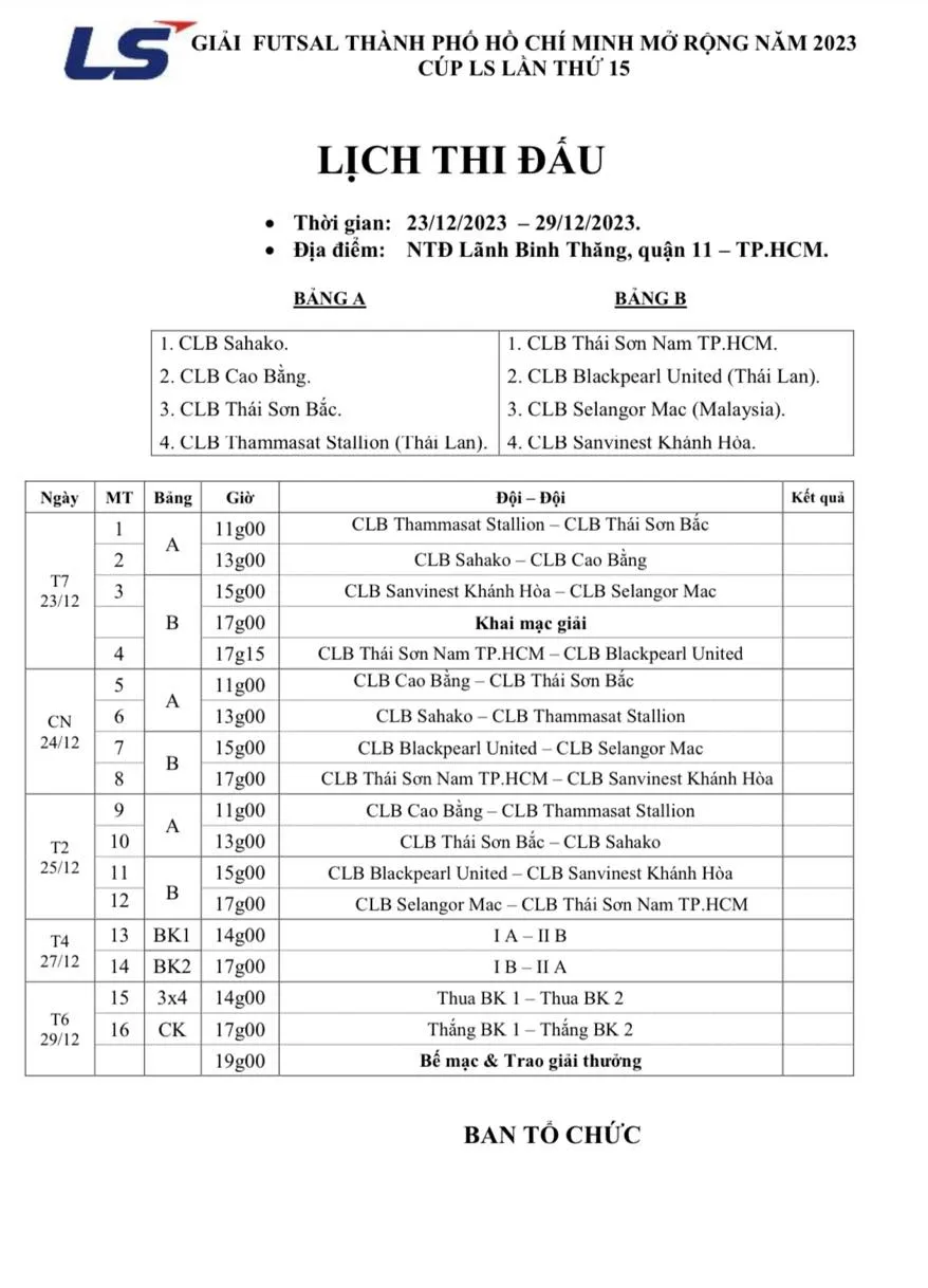 Lịch thi đấu dự kiến Giải futsal TPHCM mở rộng - LS Cup 2023.