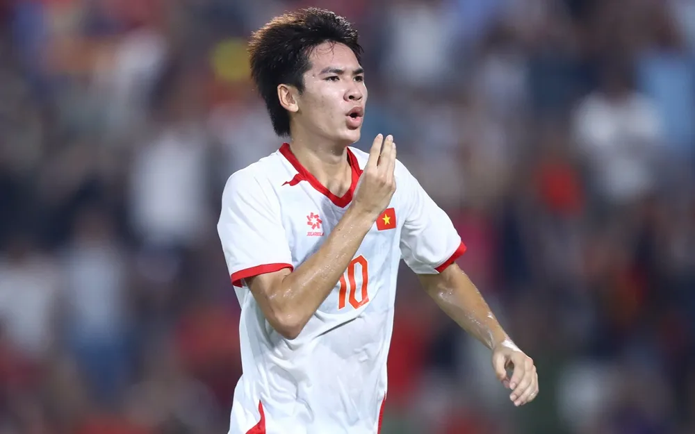 Tiền vệ Lê Văn Thuận ăn mừng bàn thắng ghi cho U23 Việt Nam. ẢNH: MINH HOÀNG 