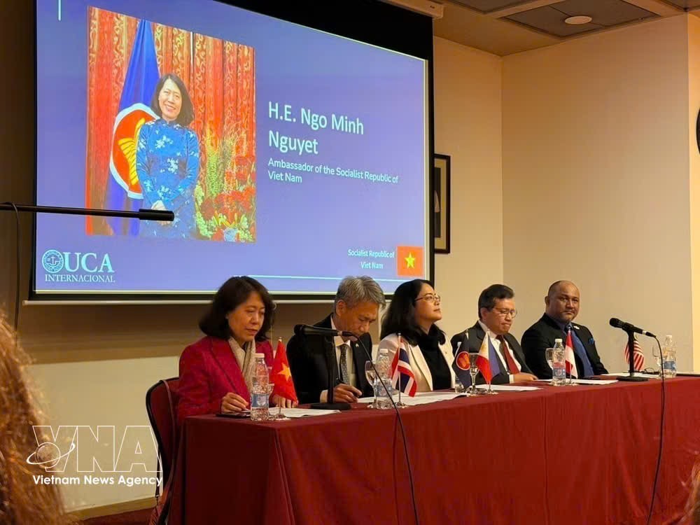 越南驻阿根廷大使吴明月在向阿根廷天主教大学（UCA）广大教授、讲师和学生发表讲话。图自越通社