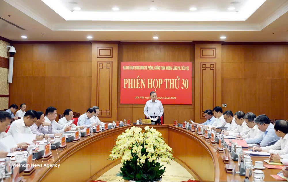 6月18日上午，越共中央总书记、国家主席苏林在河内主持召开越南党中央反腐败、反浪费和反消极工作指导委员会第30次会议。图自越通社