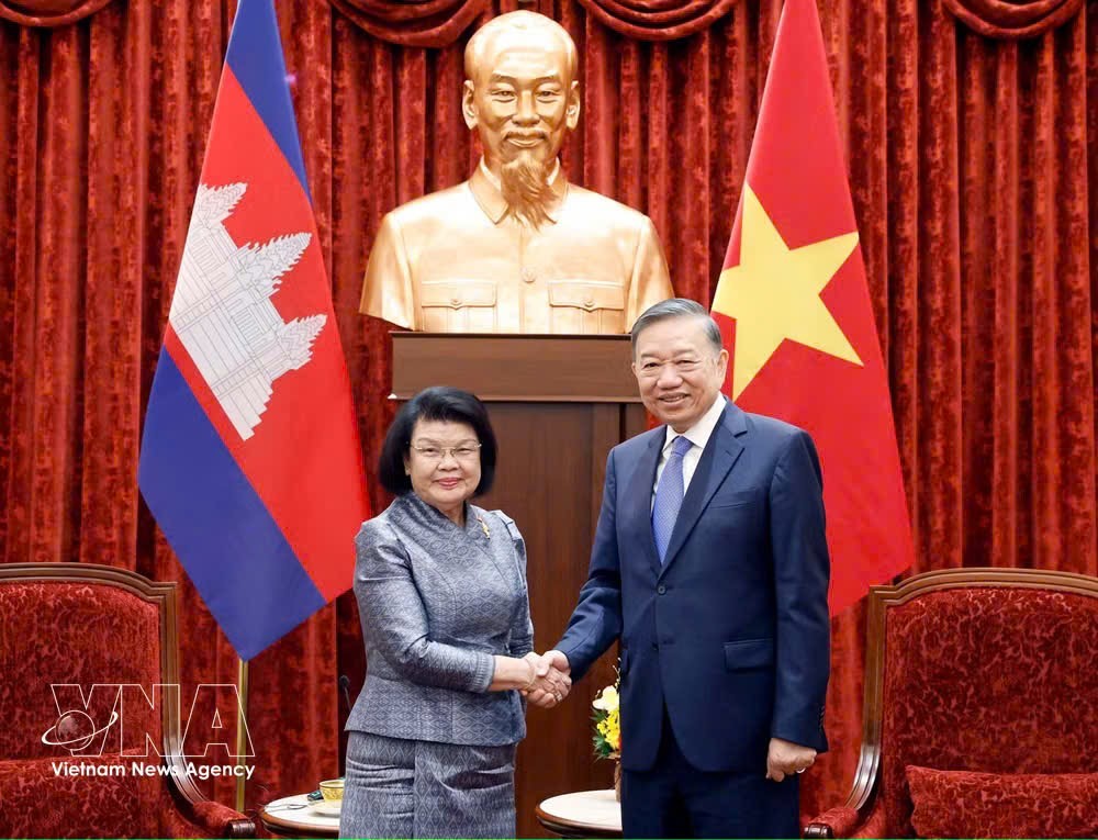党中央总书记、国家主席苏林会见柬埔寨国会主席昆索达莉。图自越通社
