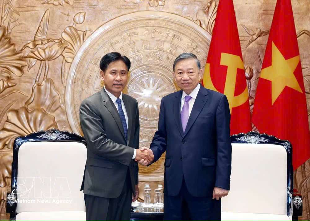 党中央总书记、国家主席苏林会见老挝最高人民法院院长潘维·西布阿里法。图自越通社