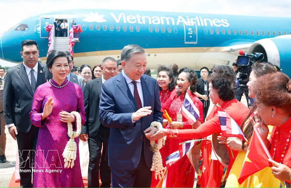 越南驻泰国大使馆、总领事馆工作人员及旅泰越南侨胞在乌隆国际机场迎接党中央总书记、国家主席苏林和夫人。图自越通社