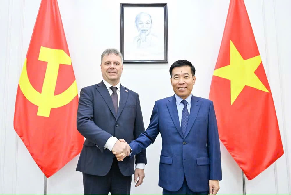 党中央委员、越南外交部党委常务副书记、外交部副部长阮孟强与捷克和摩拉维亚共产党（KSCM）主席罗曼·劳恩（Roman Roun）举行会谈。外交部供图