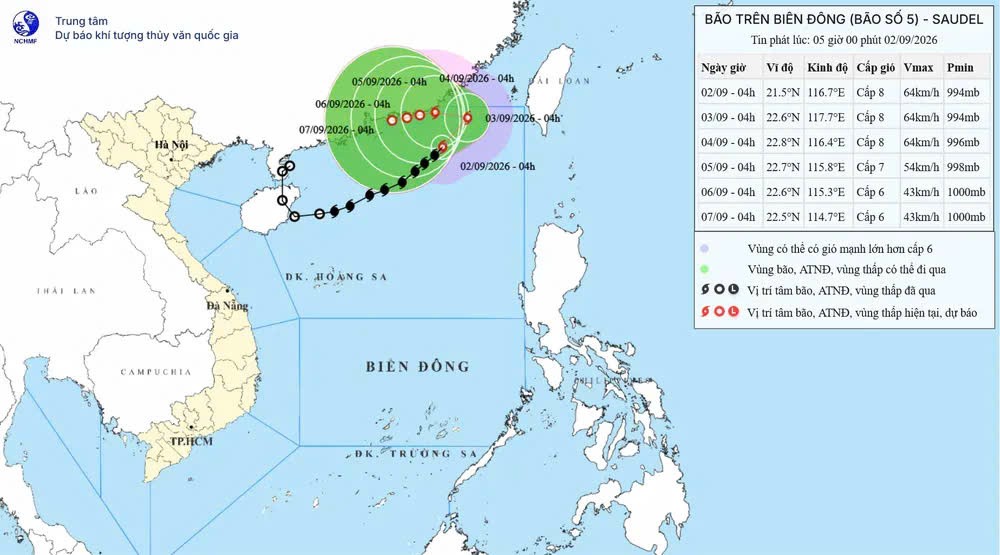 9月2日上午5号台风中心位置及9月3日起预计将转向。 资料来源：国家气象水文预报中心。 