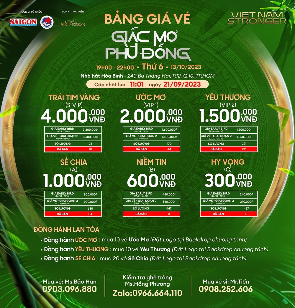 Các hạng vé đang mở bán trong đêm nghệ thuật truyền cảm hứng "Giấc mơ Phù Đổng" Các hạng vé đang mở bán trong đêm nghệ thuật truyền cảm hứng "Giấc mơ Phù Đổng"