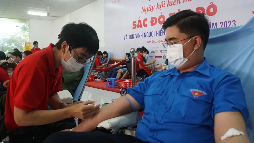 Các bạn trẻ tham gia hiến máu tình nguyện sáng 6-7