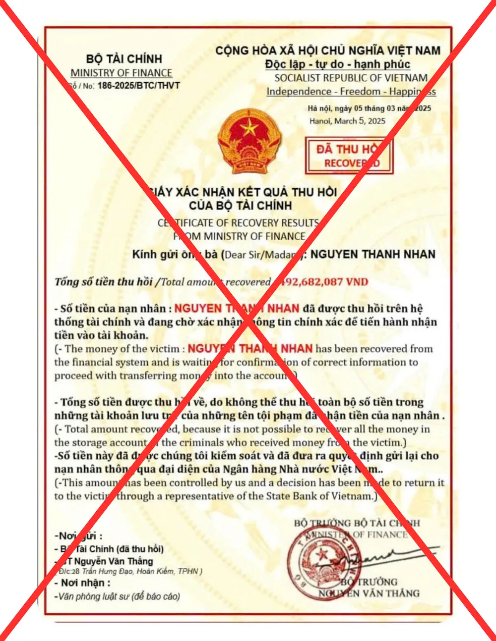 Một văn bản giả mạo con dấu, chữ ký của Bộ trưởng Bộ Tài chính. Ảnh: BTC