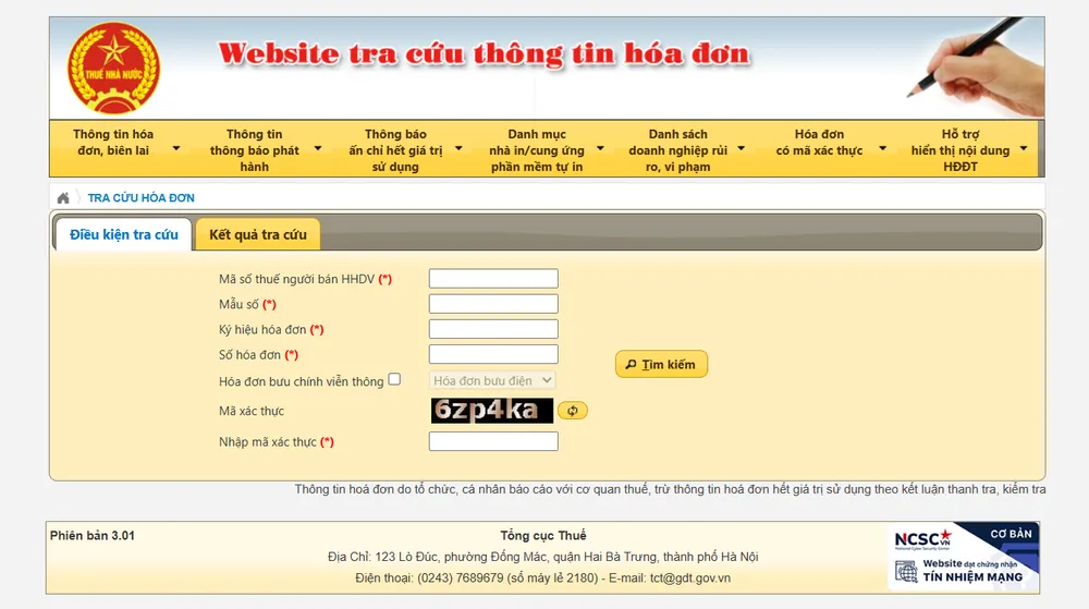 Cổng tra cứu hóa đơn đầu vào của cơ quan thuế. Ảnh: Cục Thuế