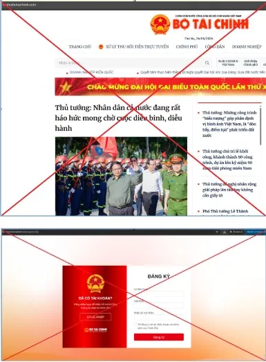 Ảnh trang website giả mạo Bộ Tài chính. Ảnh: BTC