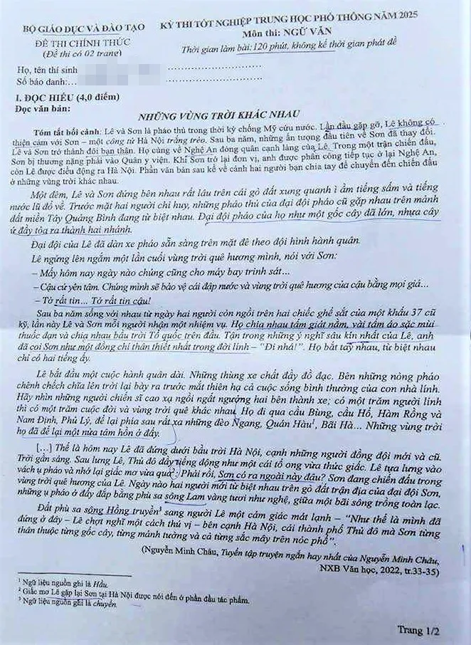 Đề thi môn Ngữ văn Chương trình GDPT 2018