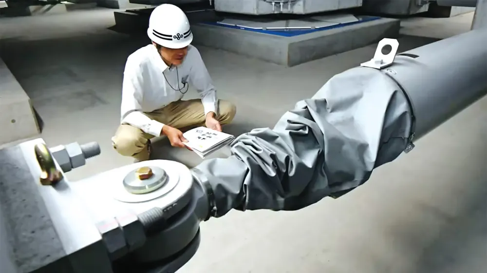 Giám sát viên kiểm tra thiết bị giảm chấn trong công trình xây dựng ở Nhật. Ảnh: Nikkei Asia