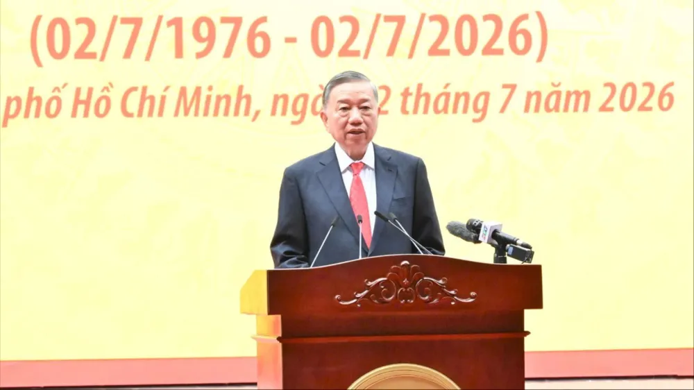 Tổng Bí thư, Chủ tịch nước Tô Lâm phát biểu tại Lễ kỷ niệm 50 năm Ngày Thành phố Sài Gòn - Gia Định vinh dự mang tên Chủ tịch Hồ Chí Minh. Ảnh: VIỆT DŨNG
