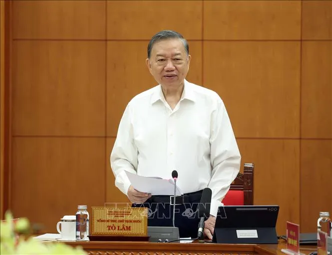 Tổng Bí thư, Chủ tịch nước Tô Lâm phát biểu chỉ đạo tại buổi làm việc. Ảnh: TTXVN