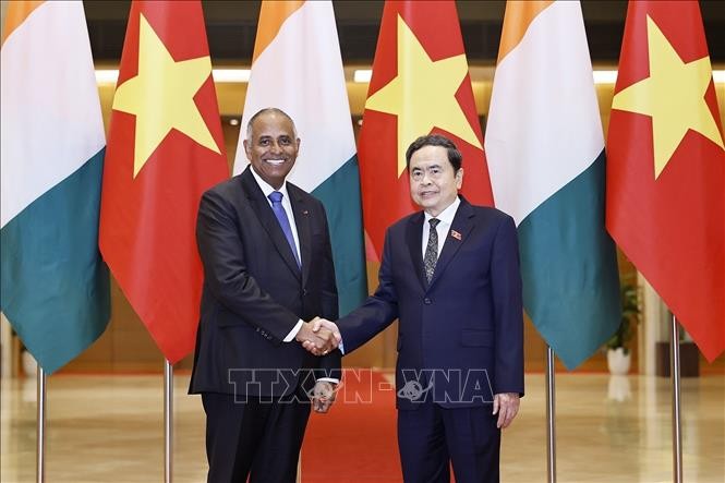 越南国会主席陈青敏与科特迪瓦共和国国民议会议长帕特里克•阿希。图自越通社