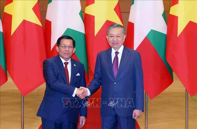 缅甸总统敏昂莱与越南党中央总书记、国家主席苏林合影。 图越通社