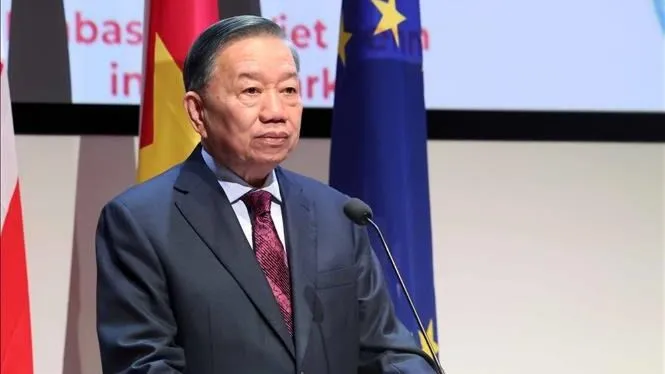 Tổng Bí thư, Chủ tịch nước Tô Lâm phát biểu tại diễn đàn Doanh nghiệp Việt Nam - Đan Mạch. Ảnh: TTXVN