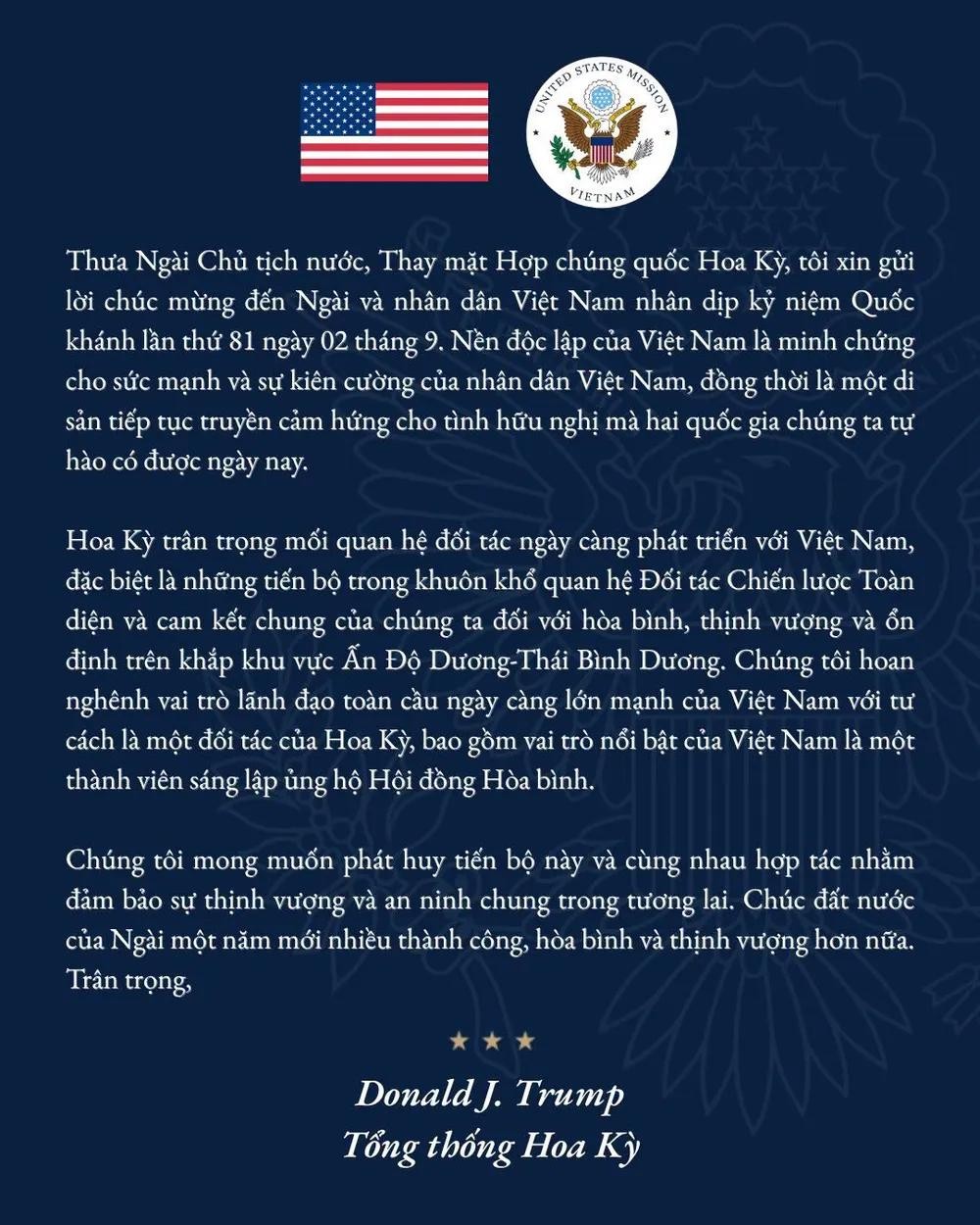 美国驻河内大使馆发布美国总统特朗普值越南国庆之际致贺越南的贺词。