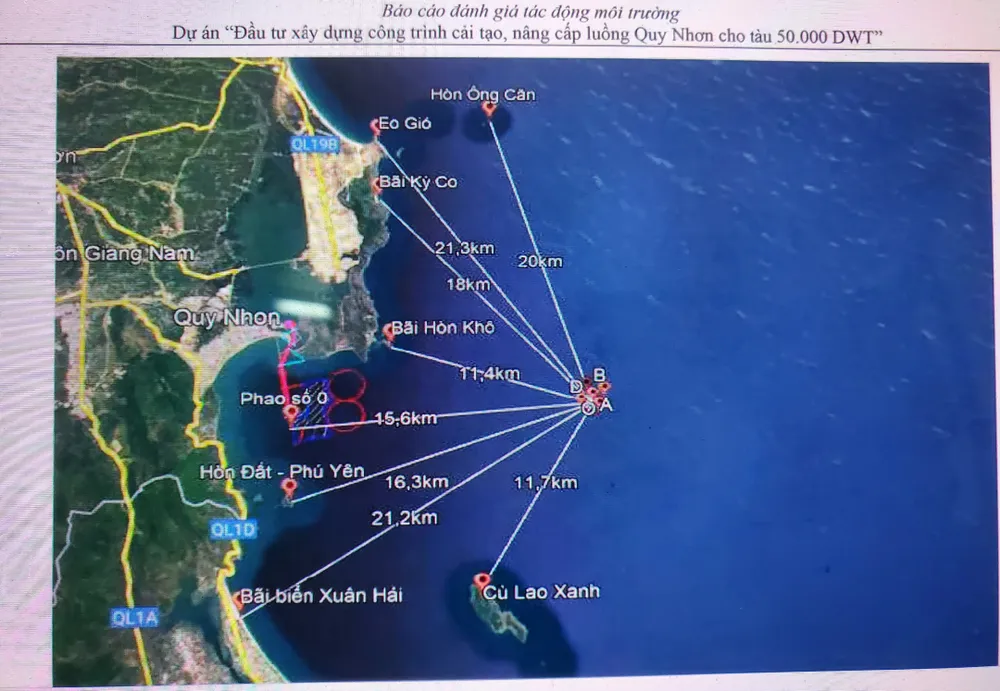 Dự kiến vị trí nhận chìm vật chất nạo vét theo hồ sơ tham vấn đánh giá tác động môi trường dự án. Nguồn: Bộ TN-MT