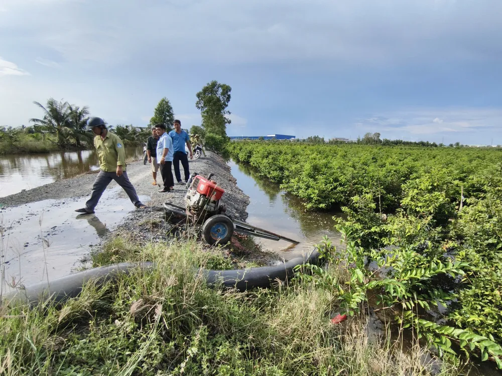 Máy bơm nước cùng nhân lực được điều động đến khu vực kênh Tràm Lầy 1, ấp 3, xã Bình Lợi để ứng phó ngập do triều cường và mưa lớn.jpg