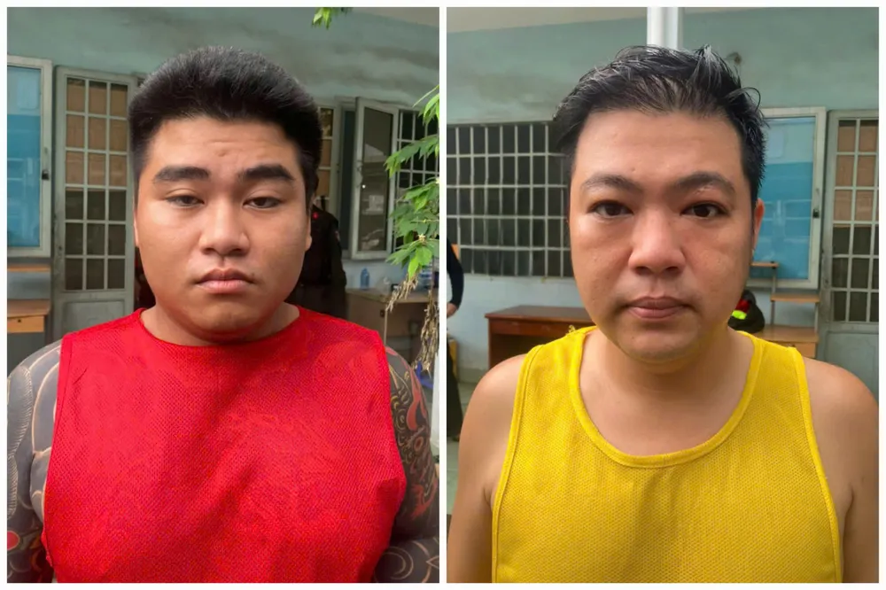 Các đối tượng cầm đầu đường dây Hoàng Tấn Phát (áo đỏ) và Huỳnh Lê Thanh Long (áo vàng).jpg