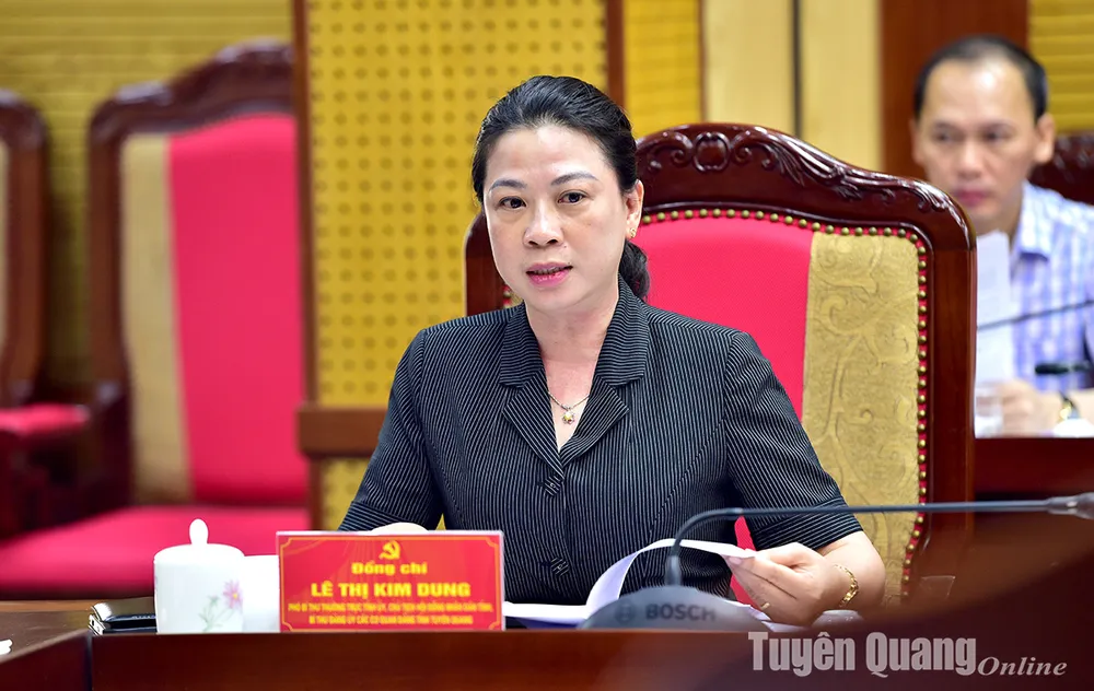 Đồng chí Phó Bí thư Thường trực Tỉnh ủy, Chủ tịch HĐND tỉnh Lê Thị Kim Dung thảo luận tại cuộc họp