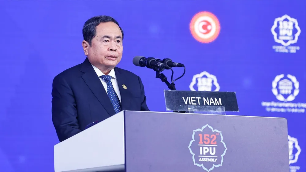 Chủ tịch Quốc hội Trần Thanh Mẫn phát biểu tại Phiên thảo luận chung IPU-152. ẢNH: TTXVN