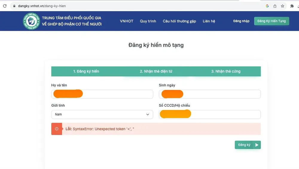 Người dân gặp lỗi khi đăng ký hiến mô tạng tạng trực tuyến chiều 30-10. Ảnh chụp màn hình