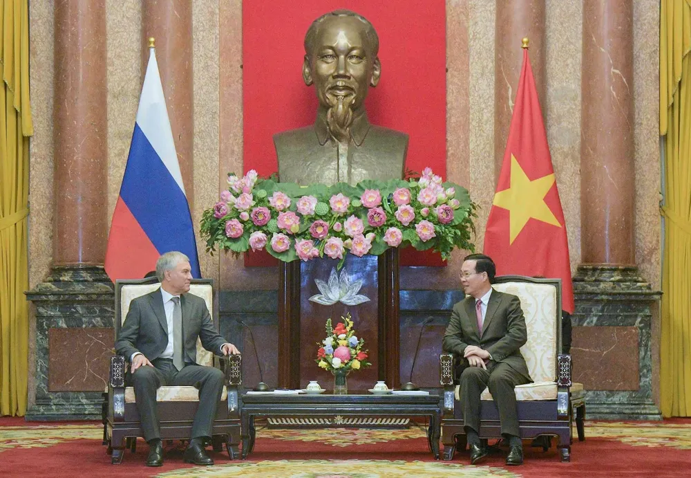 Chủ tịch nước Võ Văn Thưởng tiếp Chủ tịch Duma quốc gia Quốc hội Liên bang Nga Vyacheslav Viktorovich Volodin