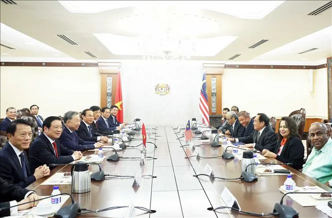 Tổng Bí thư Tô Lâm hội kiến Chủ tịch Thượng viện Malaysia Awang Bemee Awang Ali Basah. Ảnh: TTXVN