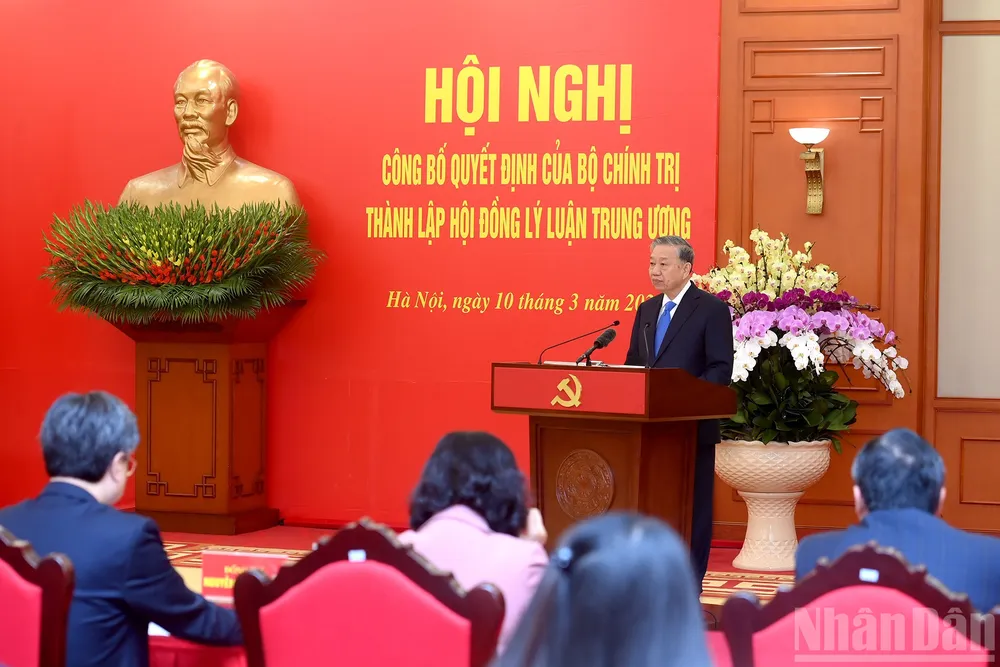 Tổng Bí thư Tô Lâm phát biểu tại Hội nghị công bố quyết định của Bộ Chính trị thành lập Hội đồng Lý luận Trung ương nhiệm kỳ 2026-2031. Ảnh: BÁO NHÂN DÂN