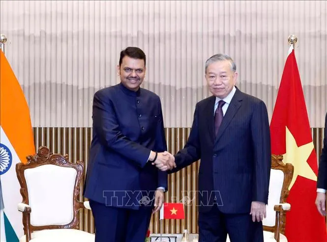 Tổng Bí thư, Chủ tịch nước Tô Lâm tiếp Thủ hiến bang Maharashtra Devendra Fadnavis. Ảnh: TTXVN