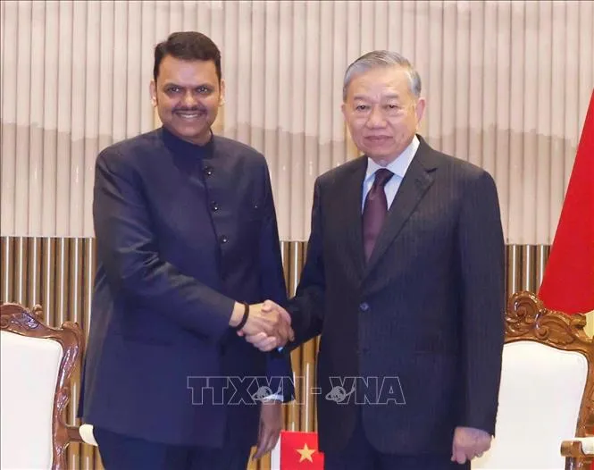 Tổng Bí thư, Chủ tịch nước Tô Lâm tiếp Thủ hiến bang Maharashtra Devendra Fadnavis. Ảnh: TTXVN