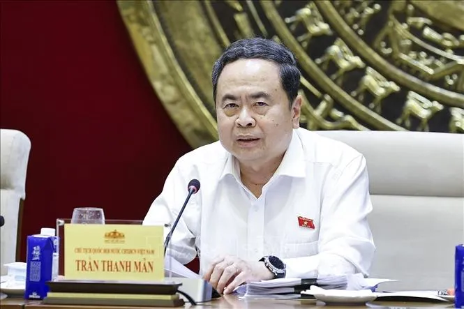 Chủ tịch Quốc hội Trần Thanh Mẫn, Trưởng ban Ban Chỉ đạo về tổng rà soát hệ thống văn bản quy phạm pháp luật phát biểu. Ảnh: TTXVN