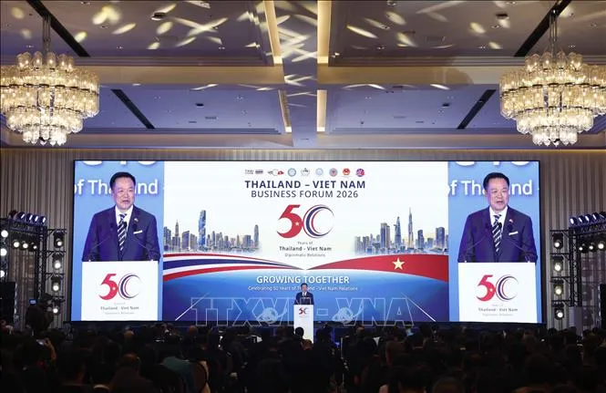 Thủ tướng Thái Lan Anutin Charnvirakul phát biểu tại Diễn đàn Doanh nghiệp Việt Nam - Thái Lan. Ảnh: TTXVN