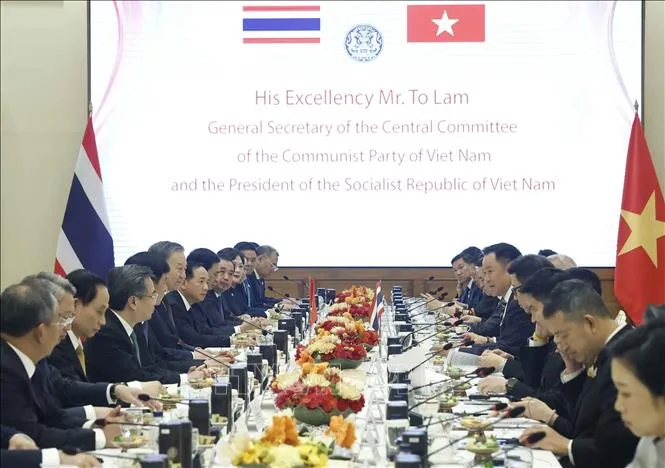 Tổng Bí thư, Chủ tịch nước Tô Lâm hội đàm chính thức với Thủ tướng Thái Lan Anutin Charnvirakul. Ảnh: TTXVN