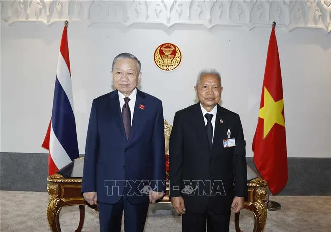 Tổng Bí thư, Chủ tịch nước Tô Lâm hội kiến Chủ tịch Quốc hội Thái Lan Sophon Saram. Ảnh: TTXVN