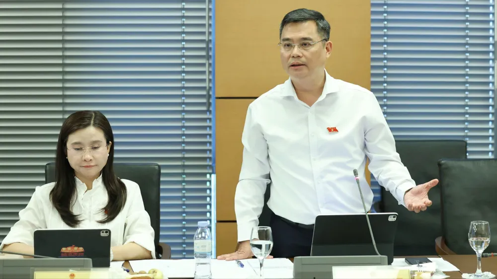 ĐB Nguyễn Thanh Tùng (TPHCM), Chủ tịch Hội đồng Quản trị Vietcombank phát biểu tại phiên họp tổ ĐB Quốc hội TPHCM chiều 6-8. Ảnh: QUANG PHÚC 