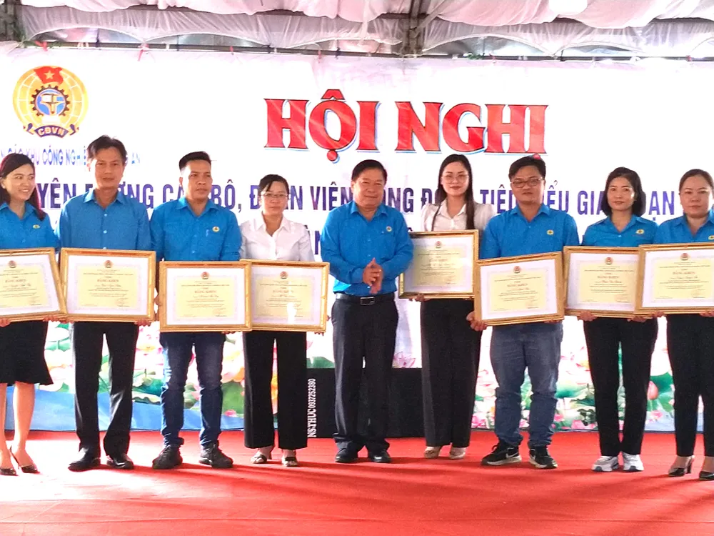 Chủ tịch Liên đoàn Lao động tỉnh Long An Nguyễn Văn Quí trao giấy khen cho đoàn viên, công nhân, lao động