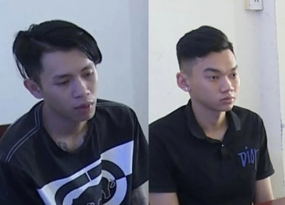 Phạm Nguyễn Huy Trường và Trần Việt Đức tại cơ quan công an. Ảnh: Công an Tiền Giang